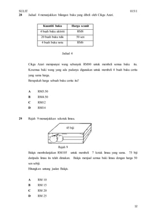 SULIT 015/1
12
28 Jadual 4 menunjukkan bilangan buku yang dibeli oleh Cikgu Azari.
Kuantiti buku Harga seunit
4 buah buku aktiviti RM8
20 buah buku tulis 50 sen
4 buah buku nota RM6
Jadual 4
Cikgu Azari mempunyai wang sebanyak RM80 untuk membeli semua buku itu.
Kesemua baki wang yang ada padanya digunakan untuk membeli 4 buah buku cerita
yang sama harga.
Berapakah harga sebuah buku cerita itu?
A RM3.50
B RM4.50
C RM12
D RM14
29 Rajah 9 menunjukkan sekotak limau.
Rajah 9
Balqis membelanjakan RM105 untuk membeli 7 kotak limau yang sama. 75 biji
daripada limau itu telah dimakan. Balqis menjual semua baki limau dengan harga 50
sen sebiji.
Hitungkan untung jualan Balqis.
A RM 10
B RM 15
C RM 20
D RM 25
45 biji
 