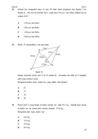 SULIT 015/1
14
32 Sebuah bas mengambil masa 16 jam 30 minit untuk perjalanan dari Bandar J ke
Bandar K. Jika bas itu bertolak dari J pada jam 9.30 p.m hari Selasa, bilakah bas itu
sampai di K?
A 1.20 a,m, hari Rabu
B 2.00 a.m, hari Rabu
C 1.20 p.m, hari Rabu
D 2.00 p.m, hari Rabu
33 Rajah 10 menunjukkan satu peta jalan
Rajah 10
Qistina memandu kereta dari P ke R melalui Q. Kemudian dia balik ke P mengikut
jalan yang terdekat sekali.
Berapakah jumlah jarak , dalam km , yang dilalui oleh Qistina?
A 22
B 35
C 39
D 40
34 Purata jisim 5 orang budak di dalam sebuah van ialah 54.3 kg. Apabila bapa masuk
ke dalam van itu, purata jisim mereka menjadi 57.65 kg.
Berapakah jisim bapa, dalam kg?
A 64.4 kg
B 74.2 kg
C 74.4 kg
D 85.4 kg
10 km
14 km
4 km
6 km
8 km
9 km
P
Q
R
T
12 km
S
 