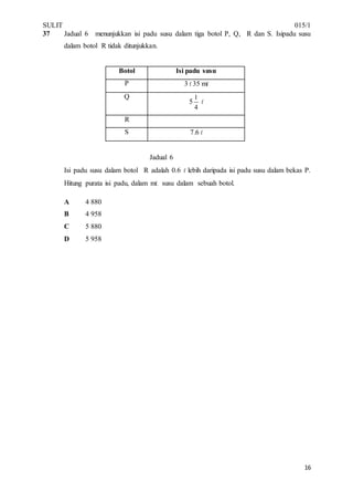 SULIT 015/1
16
37 Jadual 6 menunjukkan isi padu susu dalam tiga botol P, Q, R dan S. Isipadu susu
dalam botol R tidak ditunjukkan.
Botol Isi padu susu
P 3 l 35 ml
Q
5
4
1
l
R
S 7.6 l
Jadual 6
Isi padu susu dalam botol R adalah 0.6 l lebih daripada isi padu susu dalam bekas P.
Hitung purata isi padu, dalam ml, susu dalam sebuah botol.
A 4 880
B 4 958
C 5 880
D 5 958
 