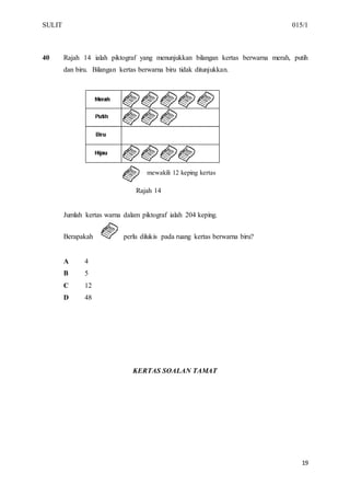 SULIT 015/1
19
40 Rajah 14 ialah piktograf yang menunjukkan bilangan kertas berwarna merah, putih
dan biru. Bilangan kertas berwarna biru tidak ditunjukkan.
Rajah 14
Jumlah kertas warna dalam piktograf ialah 204 keping.
Berapakah perlu dilukis pada ruang kertas berwarna biru?
A 4
B 5
C 12
D 48
KERTAS SOALAN TAMAT
mewakili 12 keping kertas
 