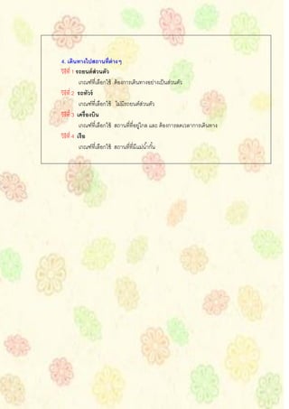 4. เดินทางไปสถานที่ต่างๆ
วิธีที่ 1 รถยนต์ ส่วนตัว
           เกณฑ์ที่เลือกใช้ ต้ องการเดินทางอย่างเป็ นส่วนตัว
วิธีที่ 2 รถทัวร์
           เกณฑ์ที่เลือกใช้ ไม่มีรถยนต์สวนตัว
                                           ่
วิธีที่ 3 เครื่องบิน
           เกณฑ์ที่เลือกใช้ สถานที่ที่อยูไกล และ ต้ องการลดเวลาการเดินทาง
                                         ่
วิธีที่ 4 เรือ
           เกณฑ์ที่เลือกใช้ สถานที่ที่มีแม่น ้ากัน
                                                 ้
 