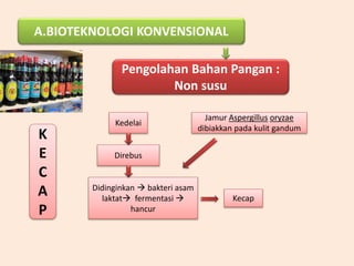 A.BIOTEKNOLOGI KONVENSIONAL
Pengolahan Bahan Pangan :
Non susu
K
E
C
A
P
Kedelai
Direbus
Didinginkan  bakteri asam
laktat fermentasi 
hancur
Jamur Aspergillus oryzae
dibiakkan pada kulit gandum
Kecap
 