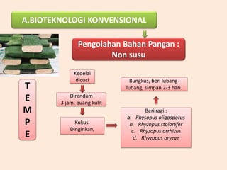 A.BIOTEKNOLOGI KONVENSIONAL
Pengolahan Bahan Pangan :
Non susu
T
E
M
P
E
Kedelai
dicuci
Direndam
3 jam, buang kulit
Kukus,
Dinginkan,
Beri ragi :
a. Rhysopus oligosporus
b. Rhyzopus stolonifer
c. Rhyzopus arrhizus
d. Rhyzopus oryzae
Bungkus, beri lubang-
lubang, simpan 2-3 hari.
 