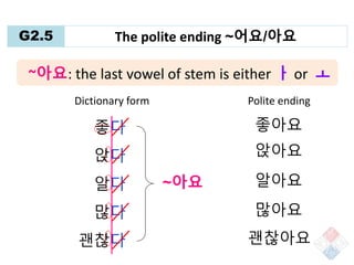 G2.5 The polite ending ~어요/아요
Group II: with vowel ending stem
a. /ㅏ/ vowel contraction
b. /ㅡ/ vowel contraction
two ident...