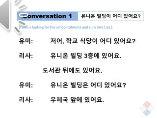Conversation 1 New Expressions
‘To be’ in English ‘To be’ In Korean
I am a student.
1.‘to be (equation)’ - Equation/identi...