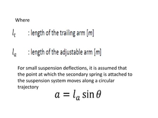 Where
For small suspension deflections, it is assumed that
the point at which the secondary spring is attached to
the suspension system moves along a circular
trajectory
 