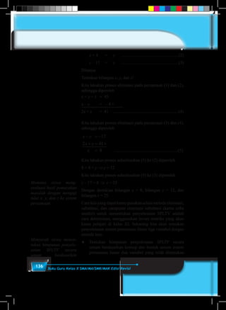 136 Buku Guru Kelas X SMA/MA/SMK/MAK Edisi Revisi
	x + 4	 =	 y	.....................................................(2)
	z – 17	 =	 x	.....................................................(3)
Ditanya:
Tentukan bilangan x, y, dan z!
Kita lakukan proses eliminasi pada persamaan (1) dan (2),
sehingga diperoleh
x + y + z = 45	
x – y = – 4 +	
2x + z = 41	 ............................................................(4)
Kita lakukan proses eliminasi pada persamaan (3) dan (4),
sehingga diperoleh
x z
x z
x
− = −
+ = +
=
17
2 41
8 ..........................................................(5)
Kita lakukan proses substitusikan (5) ke (2) diperoleh
8 + 4 = y ⇒y = 12
Kita lakukan proses substitusikan (5) ke (3) diperoleh
z – 17 = 8 ⇒ z = 25
Dengan demikian bilangan x = 8, bilangan y = 12, dan
bilangan z = 25.
Caralainyangdapatkamugunakanselainmetodeeliminasi,
substitusi, dan campuran eliminasi substitusi (kamu coba
sendiri) untuk menentukan penyelesaian SPLTV adalah
cara determinan, menggunakan invers matriks yang akan
kamu pelajari di kelas XI. Sekarang kita akan temukan
penyelesaian sistem persamaan linear tiga variabel dengan
metode lain.
♦	 Tentukan himpunan penyelesaian SPLTV secara
umum berdasarkan konsep dan bentuk umum sistem
persamaan linear dua variabel yang telah ditemukan
Meminta siswa meng-
evaluasi hasil pemecahan
masalah dengan menguji
nilai x, y, dan z ke sistem
persamaan.
Menyuruh siswa menen-
tukan himpunan penyele-
saian SPLTV secara
umum berdasarkan
 