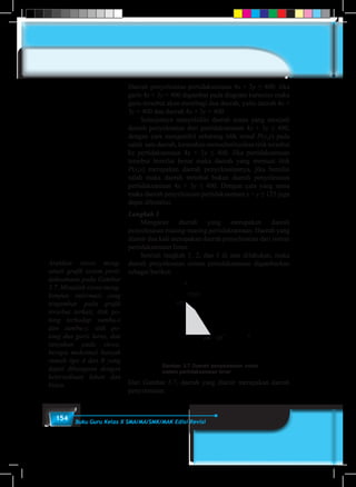154 Buku Guru Kelas X SMA/MA/SMK/MAK Edisi Revisi
Daerah penyelesaian pertidaksamaan 4x + 3y ≤ 400. Jika
garis 4x + 3y = 400 digambar pada diagram kartesius maka
garis tersebut akan membagi dua daerah, yaitu daerah 4x +
3y < 400 dan daerah 4x + 3y > 400.
	 Selanjutnya menyelidiki daerah mana yang menjadi
daerah penyelesaian dari pertidaksamaan 4x + 3y ≤ 400,
dengan cara mengambil sebarang titik misal P(x,y) pada
salah satu daerah, kemudian mensubstitusikan titik tersebut
ke pertidaksamaan 4x + 3y ≤ 400. Jika pertidaksamaan
tersebut bernilai benar maka daerah yang memuat titik
P(x,y) merupakan daerah penyelesaiannya, jika bernilai
salah maka daerah tersebut bukan daerah penyelesaian
pertidaksamaan 4x + 3y ≤ 400. Dengan cara yang sama
maka daerah penyelesaian pertidaksamaan x + y ≤ 125 juga
dapat diketahui.
Langkah 3
	 Mengarsir daerah yang merupakan daerah
penyelesaian masing-masing pertidaksamaan. Daerah yang
diarsir dua kali merupakan daerah penyelesaian dari sistem
pertidaksamaan linier.
	 Setelah langkah 1, 2, dan 3 di atas dilakukan, maka
daerah penyelesaian sistem pertidaksamaan digambarkan
sebagai berikut.
Gambar 3.7 Daerah penyelesaian untuk
sistem pertidaksamaan linier
133,3
y
x
125
100 125
Dari Gambar 3.7, daerah yang diarsir merupakan daerah
penyelesaian.
Arahkan siswa meng-
amati grafik sistem perti-
daksamaan pada Gambar
3.7. Mintalah siswa meng-
himpun informasi yang
tergambar pada grafik
tersebut terkait, titik po-
tong terhadap sumbu-x
dan sumbu-y, titik po-
tong dua garis lurus, dan
tanyakan pada siswa,
berapa maksimal banyak
rumah tipe A dan B yang
dapat dibangaun dengan
ketersediaan lahan dan
biaya.
 