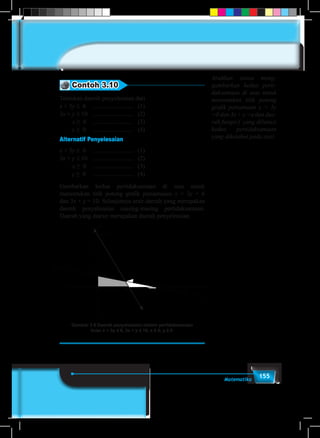155Matematika
Contoh 3.10
Tentukan daerah penyelesaian dari
x + 3y ≤ 6 	 .......................... 	 (1)
3x + y ≤ 10 	 .......................... 	 (2)
	 x ≥  0	 .......................... 	 (3)
y ≥  0 	 .......................... 	 (4)
Alternatif Penyelesaian
x + 3y ≤ 6 	 .......................... 	 (1)
3x + y ≤ 10 	 .......................... 	 (2)
	 x ≥  0	 .......................... 	 (3)
y ≥  0 	 .......................... 	 (4)
Gambarkan kedua pertidaksamaan di atas untuk
menentukan titik potong grafik persamaaan x + 3y = 6
dan 3x + y = 10. Selanjutnya arsir daerah yang merupakan
daerah penyelesaian masing-masing pertidaksamaan.
Daerah yang diarsir merupakan daerah penyelesaian.
y
0 1 2 3 4 5 6 7 8 9
2
4
6
8
10
(6,0)
(0,10)
(0,2)
( ,0)
Gambar 3.8 Daerah penyelesaian sistem pertidaksamaan
linier x + 3y ≤ 6, 3x + y ≤ 10, x ≥ 0, y ≥ 0.
Arahkan siswa meng-
gambarkan kedua perti-
daksamaan di atas untuk
menentukan titik potong
grafik persamaan x + 3y
=0 dan 3x + y =a dan dae-
rah fungsi f yang dibatasi
kedua pertidaksamaan
yang diketahui pada soal.
 