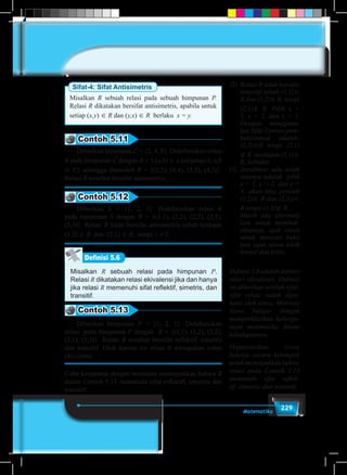 229Matematika
Sifat-4: Sifat Antisimetris
Misalkan R sebuah relasi pada sebuah himpunan P.
Relasi R dikatakan bersifat antisimetris, apabila untuk
setiap (x,y) ∈ R dan (y,x) ∈ R berlaku x = y.
Contoh 5.11
	 Diberikan himpunan C = {2, 4, 5}. Didefinisikan relasi
R pada himpunan C dengan R = { (a,b) ∈ a kelipatan b, a,b
∈ C} sehingga diperoleh R = {(2,2), (4,4), (5,5), (4,2)}.
Relasi R tersebut bersifat antisimetris.
Contoh 5.12
	Diberikan S = {1, 2, 3}. Didefinisikan relasi R
pada himpunan S dengan R = {(1,1), (1,2), (2,2), (2,1),
(3,3)}. Relasi R tidak bersifat antisimetris sebab terdapat
(1,2) ∈ R dan (2,1) ∈ R, tetapi 1 ≠ 2.
Misalkan R sebuah relasi pada himpunan P.
Relasi R dikatakan relasi ekivalensi jika dan hanya
jika relasi R memenuhi sifat reflektif, simetris, dan
transitif.
Definisi 5.6
Contoh 5.13
	 Diberikan himpunan P = {1, 2, 3}. Didefinisikan
relasi pada himpunan P dengan R = {(1,1), (1,2), (2,2),
(2,1), (3,3)}. Relasi R tersebut bersifat reflektif, simetris
dan transitif. Oleh karena itu relasi R merupakan relasi
ekivalensi.
Coba kerjasama dengan temanmu menunjukkan bahwa R
dalam Contoh 5.13 memenuhi sifat reflektif, simetris dan
transitif.
(2)	 Relasi R tidak bersifat
transitif sebab (1,1)∈
R dan (1,2)∈ R, tetapi
(2,1)∉ R. Pilih x =
1, y = 2, dan z = 1.
Dengan mengguna-
kanSifat-3proses pem-
buktiannya adalah:
(1,2)∈R tetapi (2,1)
∉ R meskipun (1,1)∈
R, terbukti.
(3)	 Jawabnya: ada, salah
satunya adalah pilih
x = 1, y = 2, dan y =
3, akan kita peroleh
(1,2)∈ R dan (2,3))∈
R tetapi (1,3)∉ R.
	 Masih ada alternatif
lain untuk membuk-
tikannya, ajak siswa
untuk mencari bukti
lain agar siswa lebih
kreatif dan kritis.
Definisi 5.6 adalah definisi
relasi ekivalensi. Definisi
ini diberikan setelah sifat-
sifat relasi sudah dipa-
hami oleh siswa. Motivasi
siswa belajar dengan
memperlihatkan kebergu-
naan matematika dalam
kehidupannya.
Organisasikan siswa
bekerja secara kelompok
untukmenunjukkanbahwa
relasi pada Contoh 5.13
memenuhi sifat reflek-
tif, simetris, dan transitif.
 