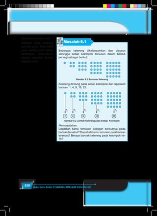 250 Buku Guru Kelas X SMA/MA/SMK/MAK Edisi Revisi
Tanyakan kepada siswa :
Tahukah kamu maksud/
arti dari pola? Pernahkah
anda melihat pola dalam
kehidupan sehari-hari?
Ajukan masalah berikut
kepada siswa.
Masalah-6.1
Beberapa kelereng dikelompokkan dan disusun
sehingga setiap kelompok tersusun dalam bentuk
persegi sebagai berikut:
Gambar 6.1 Susunan Kelereng
Kelereng dihitung pada setiap kelompok dan diperoleh
barisan: 1, 4, 9, 16, 25.
2516941
K5
K4
K3
K2
K1
Gambar 6.2 Jumlah Kelereng pada Setiap Kelompok
Permasalahan:
Dapatkah kamu temukan bilangan berikutnya pada
barisan tersebut? Dapatkah kamu temukan pola barisan
tersebut? Berapa banyak kelereng pada kelompok ke-
15?
 