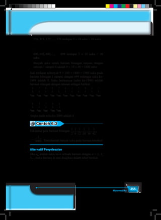 255Matematika
120, 121, 122, ..., 129 terdapat 3 × 10 suku = 30 suku
.
.
.
690, 691, 692, ...,	 699 terdapat 3 × 10 suku = 30
suku
Banyak suku untuk barisan bilangan ratusan dengan
ratusan 1 sampai 6 adalah 6 × 10 × 30 = 1800 suku
Jadi terdapat sebanyak 9 + 180 + 1800 = 1989 suku pada
barisan bilangan 1 sampai dengan 699 sehingga suku ke-
1989 adalah 9. Suku berikutnya (suku ke-1990) adalah
barisan bilangan dengan ratusan sebagai berikut.
9 7 0 0 7 0 1 7 0 2 7 0 3 7 0 4
1989 1990 1991 1992 1993
↓ ↓ ↓ ↓ ↓ ↓ ↓ ↓ ↓ ↓ ↓ ↓ ↓ ↓ ↓ ↓
u u u u u uu u u u u u u u u u u1994 1995 1996 1997 1998 1999 2000 2001 2002 2003 2004u1989
u1990
u1991
u1992
u1993
u1994
u1995
u1996
u1997
u1998
u1999
7 0 2 7 0 3 7 0 4
↓ ↓ ↓ ↓ ↓ ↓ ↓ ↓ ↓ ↓
u u u u u u u u u95 1996 1997 1998 1999 2000 2001 2002 2003 2004u2000
u2001
u2002
u2003
u2004
Angka pada suku ke-2004 adalah 4.
Contoh 6.3
Diketahui pola barisan bilangan
1
2
1
6
1
12
1
20
1
30
1
42
1
9900
, , , , , , ... ,	
1
2
1
6
1
12
1
20
1
30
1
42
1
9900
, , , , , , ... ,
. Tentukanlah banyak suku pada barisan tersebut!
Alternatif Penyelesaian
Jika un
adalah suku ke-n sebuah barisan dengan n = 1, 2,
3,... maka barisan di atas disajikan dalam tabel berikut.
 