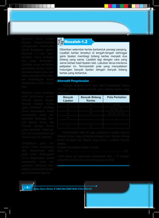 6 Buku Guru Kelas X SMA/MA/SMK/MAK Edisi Revisi
Masalah-1.2
Diberikan selembar kertas berbentuk persegi panjang.
Lipatlah kertas tersebut di tengah-tengah sehingga
garis lipatan membagi bidang kertas menjadi dua
bidang yang sama. Lipatlah lagi dengan cara yang
sama kertas hasil lipatan tadi. Lakukan terus-menerus
pelipatan ini. Temukanlah pola yang menyatakan
hubungan banyak lipatan dengan banyak bidang
kertas yang terbentuk.
Alternatif Penyelesaian
	 Sebagai langkah awal buat tabel keterkaitan antara
banyak lipatan dengan banyak garis bidang kertas yang
terbentuk.
Banyak
Lipatan
Banyak Bidang
Kertas
Pola Perkalian
1 2 2 = 2
2 4 4 = 2 × 2
3 8 8 = 2 × 2 × 2
4 ... ...
... ... ...
n k ...
	 Berdasarkan tabel di atas, misalkan k adalah banyak
bidang kertas yang terbentuk sebagai hasil lipatan bidang
kertas menjadi dua bagian yang sama, n adalah banyak
lipatan.
k dapat dinyatakan dalam n, yaitu
k(n) = 2n
........................................................................ (2)
Coba kamu uji kebenaran persamaan k(n) = 2n
dengan
mensubtitusikan nilai n ke persamaan tersebut.
Motivasi siswa belajar
dengan memperlihatkan
kebergunaan matematika
dalam kehidupan. Ajukan
Masalah 1.2 dan mem-
fasilitasi siswa terhadap
alat yang dibutuhkan.
Arahkan siswa melakukan
percobaan melipat kertas
dan menemukan pola dari
data yang diperoleh sekai-
tan membangun model
matematika terkait ekspo-
nen.
Meminta siswa membuat
tabel keterkaitan antara
banyak lipatan dengan
banyak bidang kertas
yang terbentuk. Arahkan
siswa menemukan model
matematika yang me-
nyatakan hubungan ban-
yak lipatan kertas dan
banyak bidang kertas
yang terbentuk. Diharap-
kan siswa menuliskan hal
seperti tabel di samping.
Selanjutnya guru me-
minta siswa mengamati
dan mencermati data
pada tabel. Diharapkan
siswa menemukan model
matematika yang me-
nyatakan hubungan ban-
yaknya bidang kertas den-
gan banyaknya lipatan.
 