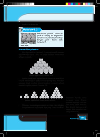 259Matematika
a.	 Barisan Aritmetika
Masalah-6.2
Perhatikan gambar tumpukan
jeruk di samping ini! Bagaimana
cara menentukan atau menduga
banyak jeruk dalam satu
tumpukan?
Gambar 6.4 Tumpukan
Buah Jeruk
Alternatif Penyelesaian
	 Jika diperhatikan Gambar 6.5, maka diperoleh susunan
dari beberapa jeruk. Jeruk itu dapat disusun membentuk
sebuah piramida.
Gambar 6.5 Susunan piramida jeruk
	 Jumlah jeruk pada bagian bawah tumpukan akan lebih
banyak dibandingkan pada susunan paling atas. Misalkan
susunan jeruk tersebut disederhanakan menjadi sebuah
susunan segitiga, seperti Gambar 6.6.
Gambar 6.6 Susunan bulatan bentuk segitiga
•	 Mengapa harus dengan susunan segitiga, coba lakukan
dengan susunan segi empat. Apa yang kamu temukan?
Tanyakan kepada siswa
mengapa harus dengan
susunan segitiga, coba su-
ruh siswa untuk melaku-
kan dengan susunan segi
empat, lalu tanyakan apa
yang ditemukan.
 