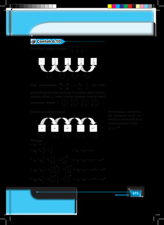 273Matematika
Contoh 6.10
Perhatikan susunan bilangan 1, 1
2
1
4
1
8
, , , ...
×
1
2
1
4
1
8
, , , ...×
1
2
1
4
1
8
, , , ...×
1
2
1
4
1
8
, , , ...×
1
2
1
4
1
8
, , , ...
1
1
2
1
4
1
8
, , , ...
1
2
1
4
1
8
, , , ...
1
2
1
4
1
8
, , , ...
1
16
Nilai perbandingan
u
u
u
u
u
u
n
n
2
1
3
2 1
1
2
= = = =
−
... . Jika nilai
perbandinganduasukuberurutandimisalkanrdannilaisuku
pertama adalah a, maka susunan bilangan tersebut dapat
dinyatakan dengan 1,1 1
1
2
1
2
1
2
1
4
1
2
1
8
1
2
, , , , ,























 …
Perhatikan gambar berikut!
a
× r × r × r × r
u1
u2
u3
... un
ar ar2
... arn–1
Sehingga:
•	 u1
= a = 1
•	 u2
= u1
.1 1
1
2
1
2
1
2
1
4
1
2
1
8
1
2
, , , , ,























= 1.1 1
1
2
1
2
1
2
1
4
1
2
1
8
1
2
, , , , ,























	 ⇔ u2
= u1
.r = a.r
•	 u3
= u2
.1 1
1
2
1
2
1
2
1
4
1
2
1
8
1
2
, , , , ,























= 1.1 1
1
2
1
2
1
2
1
4
1
2
1
8
1
2
, , , , ,























.1 1
1
2
1
2
1
2
1
4
1
2
1
8
1
2
, , , , ,























= 1.
1
2
1
2
2 3











	 ⇔ u3
= u2
.r = a.r.r = a.r2
•	 u4
= u3
.1 1
1
2
1
2
1
2
1
4
1
2
1
8
1
2
, , , , ,























= 1.
1
2
1
2
2 3











.1 1
1
2
1
2
1
2
1
4
1
2
1
8
1
2
, , , , ,























= 1.
1
2
1
2
2 3











 	 ⇔ u4
= u3
.r = a.r2
.r = a.r3
•	 u5
=u4
.1 1
1
2
1
2
1
2
1
4
1
2
1
8
1
2
, , , , ,























= 1.
1
2
1
2
2 3











 .1 1
1
2
1
2
1
2
1
4
1
2
1
8
1
2
, , , , ,























= 1.
1
2
1
2
2 3











 	 ⇔ u5
= u4
.r = a.r3
.r = a.r4
Penyelesaian contoh beri-
kut bertujuan untuk me-
nemukan rumus suku ke-n
barisan geometri yaitu
un
=a.r n-1
 