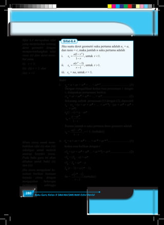 280 Buku Guru Kelas X SMA/MA/SMK/MAK Edisi Revisi
Sifat-6.4
Jika suatu deret geometri suku pertama adalah u1
= a,
dan rasio = r, maka jumlah n suku pertama adalah
i.	 s
a r
r
s
a r
r
r rn
n
n
n
=
−
−
=
−
−
< >
( ) ( )
. .
1
1
1
1
1 1, untuks
a r
r
s
a r
r
r rn
n
n
n
=
−
−
=
−
−
< >
( ) ( )
. .
1
1
1
1
1 1
ii.	s
a r
r
s
a r
r
r rn
n
n
n
=
−
−
=
−
−
< >
( ) ( )
. .
1
1
1
1
1 1, untuks
a r
r
s
a r
r
r rn
n
n
n
=
−
−
=
−
−
< >
( ) ( )
. .
1
1
1
1
1 1
iii.	 sn
= na, untuk r = 1.
Bukti:
i.	 sn
= a + ar + ar2
+ … + arn–1
....................................(1)
	 Dengan mengalihkan kedua ruas persamaan 1 dengan
r, didapatkan persamaan berikut.
	 rsn
= ar + ar2
+ ar3
+ … + arn
...................................(2)
	 Sekarang, selisih persamaan (1) dengan (2), diperoleh
	 sn
– rsn
= (a + ar + ar2
+ … + arn–1
) – (ar + ar2
+ ar3
+
… + arn
)
	 sn
(1 – r) = a – arn
	 s
a ar
r
n
n
=
−
−1
	 Rumus jumlah n suku pertama deret geometri adalah
	 sn
= a r
r
n
( )1
1
−
−
, r < 1. (terbukti)
ii.	 Sn
= a + ar + ar2
+ … + ar 2
+ ar n–1
............................(1)
kedua ruas kalikan dengan r
rSn
= (ar + ar2
+ ar3
… + ar n–1
) + ar n
.........................(2)
rSn
= (Sn
– a) + arn
rSn
– Sn
= arn
– a
Sn
(r – 1) = a (rn
– 1)
Sn =
a r
r
n
−( )
−
1
1
(terbukti)
Sifat 6.4 merupakan sifat
yang menjelaskan tentang
deret geometri dengan
mempertimbangkan nilai
rasio (r) dari deret terse-
but yaitu
(i)	 r < 1;
(ii)	 (ii) r > 1; dan
(iii)	 r =1
Minta siswa untuk mem-
buktikan sifat (ii) dan (iii)
sekaligus untuk melatih
analogi berpikir siswa.
Pada buku guru ini akan
dibahas untuk bukti (ii)
dan (iii).
jika siswa mengalami ke-
sulitan berikan bantuan
kepada siswa dengan
mengajukan beberapa
pertanyaan sehingga
 