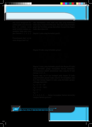 284 Buku Guru Kelas X SMA/MA/SMK/MAK Edisi Revisi
Jika diperhatikan maka beda dua suku yang berdekatan
tidak sama, tetapi memiliki pola. Jika suku yang berindeks
ganjil dan berindeks genap dipisahkan menjadi dua bagian
maka akan diperoleh
Bagian I (suku yang berindeks ganjil)
3 4 5 6 …
1 1 1 1
Bagian II (suku yang berindeks genap)
1 2 3 4 …
1 1 1 1
Bagian I (suku yang berindeks ganjil) dan Bagian II (suku
yang berindeks genap) merupakan barisan aritmetika.
Pertanyaannya adalah menentukan suku yang ke-10 dari
barisan 3, 4, 5, 6, …
Karena suku ke-10 nya terdapat pada bagian II (suku
yang berindeks genap) maka suku ke-10 merupakan suku
ke-5 dari barisan bagian II (suku yang berindeks genap),
sehingga diperoleh :
Un
= a + (n – 1)b
U5
= 1 + (5 – 1)(1)
U5
= 3 + 4
U5
= 7
3, 1, 4, 2, 5, 3, … bukan merupakan barisan aritmetika
maupun barisan geometri.
Jika siswa mengalami ke-
sulitan pada penyelesaian
butir (c) arahkan siswa
untuk terlebih dahulu me-
nentukan beda atau rasio
dari barisan 3, 1, 4, 2, 5,
…
Penyelesaian butir (c) ini
sama dengan butir (a)
 