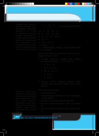 302 Buku Guru Kelas X SMA/MA/SMK/MAK Edisi Revisi
1	=
72
3
75
x x−
− 	 (sama-sama dibagi 500.000)
x (x – 3)	= 72x – 75(x – 3)
x2
– 3x	 = 72x – 75x + 225
x2
– 3x – 72x + 75x – 225 = 0
x2
– 225 	= 0
(x – 15) (x + 15) = 0
x = 15 atau x = –15
x = –15 tidak mungkin, sehingga x yang mungkin adalah
x = 15. Mengapa?
Jadi, banyak komputer yang dirakit dalam waktu satu
minggu sebanyak 15 unit.
• 	Temukan persamaan kuadrat pada langkah
pemecahan Masalah 7.1, 7.2, 7.3, dan 7.4
	 •	 x2
– 2x + 1 = 0
	 •	 z2
+ 4z – 45 = 0
	 •	 3z2
+ 2z – 85 = 0
	 •	 x2
– 64 = 0
	 •	 x2
– 225 = 0
•	Tuliskan ciri-ciri persamaan kuadrat secara
individual dan diskusikan dengan teman secara
klasikal.
Ciri-ciri persamaan kuadrat.
•	 Sebuah persamaan
•	 Pangkat tertinggi variabelnya adalah 2 dan pangkat
terendah adalah 0
•	 Koefisien variabelnya adalah bilangan real
•	 Koefisien variabel berpangkat 2 tidak sama dengan
nol
•	 Koefisien variabel berpangkat 1 dan 0 dapat bernilai
0.
Meminta siswa mengecek
kembali kebenaran lang-
kah-langkah pemecahan
Masalah 7.1, 7.2, 7.3, dan
7.4. Selanjutnya siswa di-
arahkan menemukan be-
berapa model matematika
berupa spersamaan kuad-
rat. Diharapkan siswa
menemukan empat contoh
model persamaan kuadrat
seperti tertera di samping
Memotivasi siswa menu-
liskan ciri-ciri persamaan
kuadrat secara individual
dan mendiskusikan hasil-
nya secara kelompok.
Diharapkan siswa menu-
liskan ciri-ciri persamaan
kuadrat seperti tertera
pada buku siswa di sam-
ping.
 