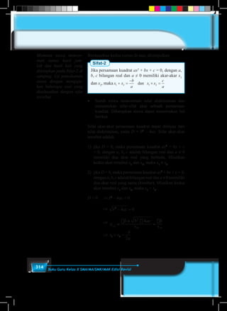 314 Buku Guru Kelas X SMA/MA/SMK/MAK Edisi Revisi
Berdasarkan kedua rumus di atas, disimpulkan
Sifat-2
Jika persamaan kuadrat ax2
+ bx + c = 0, dengan a,
b, c bilangan real dan a ≠ 0 memiliki akar-akar x1
dan x2
, maka x x
b
a
x x
c
a
1 2 1 2+ =
−
× =dan
•	 Suruh siswa mencermati nilai diskriminan dan
menentukan sifat-sifat akar sebuah persamaan
kuadrat. Diharapkan siswa dapat menemukan hal
berikut.
Sifat akar-akar persamaan kuadrat dapat ditinjau dari
nilai diskriminan, yaitu D = b2
– 4ac. Sifat akar-akar
tersebut adalah.
1)	jika D > 0, maka persamaan kuadrat ax2
+ bx + c
= 0, dengan a, b, c adalah bilangan real dan a ≠ 0
memiliki dua akar real yang berbeda. Misalkan
kedua akar tersebut x1
dan x2
, maka x1
≠ x2
.
2)	jika D = 0, maka persamaan kuadrat ax2
+ bx + c = 0,
dengan a, b, c adalah bilangan real dan a ≠ 0 memiliki
dua akar real yang sama (kembar). Misalkan kedua
akar tersebut x1
dan x2
, maka x1
= x2
.
D = 0 	 ⇒ b2
– 4ac = 0	
		⇒ b ac2
4 0− =
		⇒ x
b b ac
a
b
a
1 2
2
4
2 2
, =
±
=
		⇒ x x
b
a
1 2
2
+ =
−
Meminta siswa mencer-
mati rumus hasil jum-
lah dan hasil kali yang
ditetapkan pada Sifat-2 di
samping. Uji pemahaman
siswa dengan mengaju-
kan beberapa soal yang
diselesaikan dengan sifat
tersebut.
 