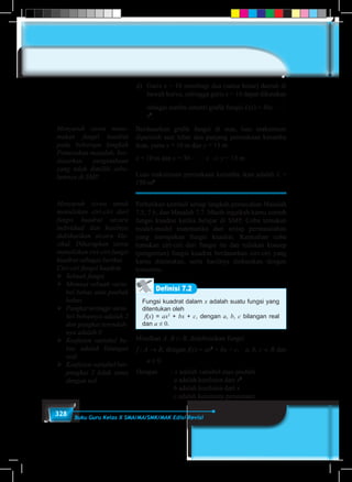 328 Buku Guru Kelas X SMA/MA/SMK/MAK Edisi Revisi
d)	Garis x = 10 membagi dua (sama besar) daerah di
bawah kurva, sehingga garis x = 10 dapat dikatakan
sebagai sumbu simetri grafik fungsi L(x) = 30x –
3
2
x2
.
Berdasarkan grafik fungsi di atas, luas maksimum
diperoleh saat lebar dan panjang permukaan keramba
ikan, yaitu x = 10 m dan y = 15 m
x = 10 m dan y = 30 –
3
2
x ⇒ y = 15 m
Luas maksimum permukaan keramba ikan adalah L =
150 m2
Perhatikan kembali setiap langkah pemecahan Masalah
7.5, 7.6, dan Masalah 7.7. Masih ingatkah kamu contoh
fungsi kuadrat ketika belajar di SMP. Coba temukan
model-model matematika dari setiap permasalahan
yang merupakan fungsi kuadrat. Kemudian coba
temukan ciri-ciri dari fungsi itu dan tuliskan konsep
(pengertian) fungsi kuadrat berdasarkan ciri-ciri yang
kamu ditemukan, serta hasilnya diskusikan dengan
temanmu.
Fungsi kuadrat dalam x adalah suatu fungsi yang
ditentukan oleh
f(x) = ax2
+ bx + c, dengan a, b, c bilangan real
dan a ≠ 0.
Definisi 7.2
Misalkan A, B ⊂ R, didefinisikan fungsi
f : A → B, dengan f(x) = ax2
+ bx + c; a, b, c ∈ R dan
a ≠ 0.
Dengan : x adalah variabel atau peubah
a adalah koefisien dari x2
b adalah koefisien dari x
c adalah konstanta persamaan
Menyuruh siswa mene-
mukan fungsi kuadrat
pada beberapa langkah
Pemecahan masalah, ber-
dasarkan pengetahuan
yang telah dimiliki sebe-
lumnya di SMP.
Menyuruh siswa untuk
menuliskan ciri-ciri dari
fungsi kuadrat secara
individual dan hasilnya
didiskusikan secara kla-
sikal. Diharapkan siswa
menuliskan ciri-ciri fungsi
kuadrat sebagai berikut.
Ciri-ciri fungsi kuadrat.
	 Sebuah fungsi
	 Memuat sebuah varia-
bel bebas atau peubah
bebas
	 Pangkat tertinggi varia-
	 bel bebasnya adalah 2
dan pangkat terendah-
	 nya adalah 0
	 Koefisien variabel be-
bas adalah bilangan
real
	 Koefisien variabel ber-
pangkat 2 tidak sama
dengan nol.
 