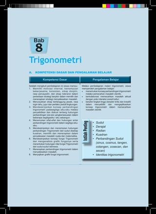 Kompetensi Dasar Pengalaman BelajarKompetensi Dasar Pengalaman Belajar
A.	 KOMPETENSI DASAR DAN PENGALAMAN BELAJAR
Setelah mengikuti pembelajaran ini siswa mampu:
1.	 Memiliki motivasi internal, kemampuan
bekerjasama, konsisten, sikap disiplin,
rasa percayadiri, dan sikap toleransi dalam
perbedaan strategi berpikir dalam memilih dan
menerapkan strategi menyelesaikan masalah.
2.	 Menunjukkan sikap bertanggung jawab, rasa
ingin tahu, jujur dan perilaku peduli lingkungan.
3.	 Mendeskripsikan konsep perbandingan
trigonometri padasegitiga siku-siku melalui
penyelidikan dan diskusi tentang hubungan
perbandingan sisi-sisi yangbersesuaian dalam
beberapa segitigasiku- siku sebangun.
4.	 Menemukan sifat-sifat dan hubungan antar
perbandingan trigonometri dalam segitiga siku-
siku.
5.	 Mendeskripsikan dan menentukan hubungan
perbandingan Trigonometri dari sudut disetiap
kuadran, memilih dan menerapkan dalam
penyelesaian masalah nyata dan matematika.
6.	 Mendeskripsikan konsep fungsi Trigonometri
dan menganalisis grafik fungsinya serta
menentukan hubungan nilai fungsi Trigonometri
dari sudut-sudut istimewa.
7.	 Menerapkan perbandingan trigonometri dalam
menyelesaikan masalah.
8.	 Menyajikan grafik fungsi trigonometri.
Melalui pembelajaran materi trigonometri, siswa
memperoleh pengalaman belajar:
•	 menemukankonsepperbandingantrigonometri
melalui pemecahan masalah otentik;
•	 berkolaborasi memecahkan masalah aktual
dengan pola interaksi sosial kultur;
•	 berpikir tingkat tinggi (berpikir kritis dan kreatif)
dalam menyelidiki dan mengaplikasikan
konsep trigonometri dalam memecahkan
masalah otentik.
Trigonometri
Bab
•	 Sudut
•	 Derajat
•	 Radian
•	 Kuadran
•	 Perbandingan Sudut
	 (sinus, cosinus, tangen,
	 cotangen, cosecan, dan
	 secan)
•	 Identitas trigonometri
 