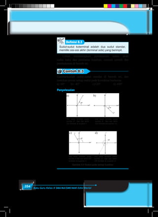 354 Buku Guru Kelas X SMA/MA/SMK/MAK Edisi Revisi
Sudut-sudut koterminal adalah dua sudut standar,
memiliki sisi-sisi akhir (terminal side) yang berimpit.
Definisi 8.3
	 Untuk memantapkan pemahaman kamu akan
sudut baku dan pembatas kuadran, cermati contoh dan
pembahasan di bawah ini.
Contoh 8.3
Gambarkanlah sudut-sudut standar di bawah ini, dan
tentukan posisi setiap sudut pada koordinat kartesius.
a)	 60°	 b) –45°	 c)120°	 d)	600°
Penyelesaian
a) b)
Sisi awal terletak pada
sumbu X dan sisi akhir
OA terletak di kuadran I.
Sisi awal terletak pada
sumbu X dan sisi akhir
OA terletak di kuadran IV.
Gambar 8.5 Sudut pada setiap kuadran
c) d)
Sisi awal terletak pada
sumbu X dan sisi akhir OP
terletak di kuadran II.
Sisi awal terletak pada
sumbu X dan sisi akhir
OR terletak di kuadran III.
 