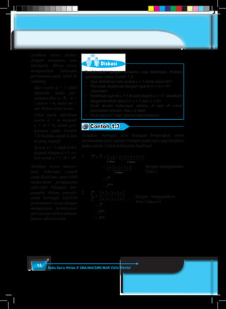 16 Buku Guru Kelas X SMA/MA/SMK/MAK Edisi Revisi
Diskusi
Berdiskusilah dengan temanmu satu kelompok. Analisis
pernyataan pada Contoh 1.2!
•	 Apa akibatnya bila syarat a > 1 tidak dipenuhi?
•	 Perlukah diperkuat dengan syarat n > m > 0?
	Jelaskan!
•	 Bolehkah syarat a > 1 di atas diganti a ≥ 1? Jelaskan!
•	 Bagaimanakah bila 0 < a < 1 dan a < 0?
•	 Buat aturan hubungan antara an
dan am
untuk
bermacam-macam nilai a di atas!
•	 Buat laporan hasil diskusi kelompokmu.
Contoh 1.3
Terapkan berbagai sifat bilangan berpangkat untuk
menentukan hasil operasi bilangan pada soal yang disajikan
pada contoh. Ujilah kebenaran hasilnya!
1.	 2 2 2 2 2 2 2 2 2
2 2 2 2 2
2 5
2 5
7
× = × × × × × ×
= × × × ×
faktor faktor
faktor
{ 1 244 344
11 244 344
=
= +
2
2
7
2 5
dengan menggunakan
Sifat-1
2.	
dengan menggunakan
Sifat-2 kasus b
2
2
2 2 2 2 2
2 2 2 2 2
2
5
5
0
=
× × × ×
× × × ×
=
	
	
	 = 25–5
		
	 = 25–5
	
Arahkan siswa diskusi
dengan temannya satu
kelompok. Minta siswa
menganalisis beberapa
pernyataan pada tabel di
samping.
	Jika syarat a > 1 tidak
dipenuhi, maka per-
nyataan jika a ϵ R , a >
1 dan n > m, maka an >
am, belum tentu benar.
	Tidak perlu diperkuat
syarat n > m menjadi
n > m > 0, sebab per-
nyataan pada Contoh
1.4 berlaku untuk n dan
m yang negatif.
	 Syarat a > 1 tidak boleh
diganti dengan a ≥ 1, se-
bab untuk a = 1, an
= am
.
Arahkan siswa mencer-
mati beberapa contoh
yang disajikan, agar lebih
mema-hami penggunaan
sifat-sifat bilangan ber-
pangkat dalam penyele-
saian berbagai soal.Cek
pemahaman siswa dengan
mengajukan pertanyaan-
pertanyaan terkait peman-
faatan sifat tersebut
 