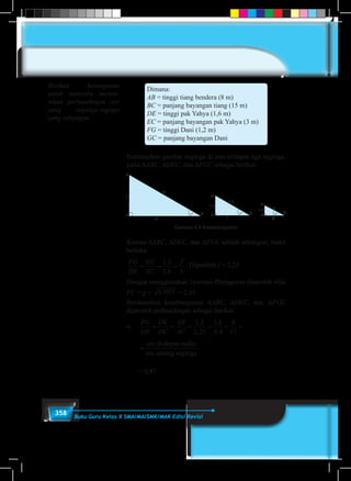 358 Buku Guru Kelas X SMA/MA/SMK/MAK Edisi Revisi
Dimana:
AB = tinggi tiang bendera (8 m)
BC = panjang bayangan tiang (15 m)
DE = tinggi pak Yahya (1,6 m)
EC = panjang bayangan pak Yahya (3 m)
FG = tinggi Dani (1,2 m)
GC = panjang bayangan Dani
Berdasarkan gambar segitiga di atas terdapat tiga segitiga,
yaitu ∆ABC, ∆DEC, dan ∆FGC sebagai berikut.
Gambar 8.9 Kesebangunan
A
B C
8
17
15
xo
E
D
1,6
3
C
3,4
xo
G
1,2
F
g
C
f
xo
Karena ∆ABC, ∆DEC, dan ∆FGC adalah sebangun, maka
berlaku
FG
DE
GC
EC
f
= = =
1 2
1 6 3
,
,
. Diperoleh f = 2,25
Dengan menggunakan Teorema Phytagoras diperoleh nilai
FC = g = 6 5025, = 2,55.
Berdasarkan kesebangunan ∆ABC, ∆DEC, dan ∆FGC
diperoleh perbandingan sebagai berikut.
a.	
FG
DE
DE
DC
AB
AC
= = = = = =
1 2
2 25
1 6
3 4
8
17
,
,
,
,
sisi di depan sudut
sisi mirinng segitiga
FG
DE
DE
DC
AB
AC
= = = = = =
1 2
2 25
1 6
3 4
8
17
,
,
,
,
sisi di depan sudut
sisi mirinng segitiga
	 = 0,47
Berikan kesempatan
untuk mencoba menen-
tukan perbandingan sisi
yang segitiga-segitga
yang sebangun.
 