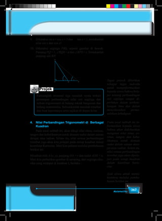 367Matematika
9.	 Diketahui sin x + cos x = 3 dan tan x = 1, tentukanlah
nilai sin x dan cos x!
10.	 Diketahui segitiga PRS, seperti gambar di bawah.
Panjang PQ = 1, ∠RQS = α dan ∠RPS = γ. Tentukanlah
panjang sisi RS!
R
α ɣ
Q P
S
Projek
Rancanglah minimal tiga masalah nyata terkait
penerapan perbandingan nilai sisi segitiga dan
terkait trigonometri di bidang teknik bangunan dan
bidang matematika. Selesaikanlah masalah tersebut
dan buat laporannya serta sajikan di depan kelas.
4.	 Nilai Perbandingan Trigonometri di Berbagai
Kuadran
	 Pada awal subbab ini, akan dikaji nilai sinus, cosinus,
tangen dan kebalikannya untuk domain sudut dalam satuan
derajat atau radian. Selain itu, nilai semua perbandingan
tersebut juga akan kita pelajari pada setiap kuadran dalam
koordinat Kartesius. Mari kita pahami melalui pembahasan
berikut ini.
Misalkan titik A (x, y), panjang OA = r dan sudut AOX = α.
Mari kita perhatikan gambar di samping, dari segitiga siku-
siku yang terdapat di kuadran I, berlaku :
Tugas proyek diberikan
sebagai tugas individu
untuk menginformasikan
kepada siswa bahwa bela-
jar tentang perbandingan
sisi segitiga sangat di-
perlukan dalam perkem-
bangan ilmu dan dalam
menyelesaikan perma-
salahan kehidupan.
Pada awal subbab ini in-
formasikan kepada siswa
bahwa akan didiskusikan
mengenai nilai sinus, co-
sinus, tangen dan keba-
likannya untuk domain
sudut dalam satuan dera-
jat atau radian. Selain itu,
nilai semua perbandingan
tersebut juga akan dipela-
jari pada setiap kuadran
dalam koordinat karte-
sius.
Ajak siswa untuk mema-
haminya melalui pemba-
hasan berikut ini.
 