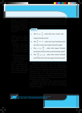 372 Buku Guru Kelas X SMA/MA/SMK/MAK Edisi Revisi
	 Tentunya, dengan pengetahuan dari Gambar 8.20 dan
pengalaman pembahasan Contoh 8.5 dan 8.6 di atas, dapat
kita merumuskan nilai perbandingan trigonometri di setiap
kuadran, yaitu:
Sifat-8.1
a.	Jika 0
2
< <α
π
, maka nilai sinus, cosinus, dan
		tangen bertanda positif.
b.	Jika
π
α π
2
< < , maka nilai sinus bertanda positif
dan nilai cosinus dan tangen bertanda negatif.
c.	Jika π α
π
< <
3
2
, maka nilai tangen bertanda
positif dan nilai sinus dan cosinus bertanda negatif.
d.	Jika 3
2
2
π
α π< < , maka nilai cosinus bertanda
positif dan nilai sinus dan tangen bertanda negatif.
	 Dalam kajian trigonometri ada istilah sudut istemewa,
yang artinya sudut-sudut yang nilai perbandingan
trigonometri dapat ditentukan secara eksak. Misalnya, 30°,
45°, 60°, dan 90° merupakan sudut istimewa di kuadran I.
Selanjutnya (120°, 135°, 150°, 180°), (210°, 225°, 240°,
270°), dan (300°, 315°, 330°, 360°) berturut-turut adalah
sudut-sudut istimewa di kuadran II, III, dan IV. Pada
beberapa referensi yang lain, sudut-sudut istimewa tersebut
dinyatakan dalam satuan radian.
	 Pembahasan selanjutnya, yaitu, bagaimana nilai-nilai
perbandingan trigonometri untuk setiap sudut istimewa.
Pertama kali, akan kita kaji nilai-nilai perbandingan
tersebut di kuadran I.
Melalui pembahasan
Contoh 8.6 dan 8.7, Guru
dan siswa berkolaborasi
menyimpulkan tanda nilai
perbandingan trigonom-
eteri pada kuadran I, II,
III, dan IV.
Pastikan siswa mema-
hami Sifat 8.1, dengan
mengajukan pertanyaan
berikut :
1)	 Sebutkan nilai per-
bandingan trigonome-
tri yang lain yang
nilainya sec α bertan-
da positif, di kuadran
II.
2)	 Di kuadran berapa ni-
lai perbandingan sela-
lu positif? Bagaimana
dengan cotan α?
Berikan penjelasan ke
siswa, pemahaman akan
nilai setiap perbandin-
gan bertanda negati atau
positif sangat diperlukan
untuk kajian selanjutnya.
 