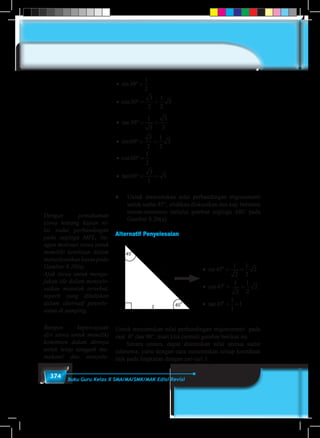 374 Buku Guru Kelas X SMA/MA/SMK/MAK Edisi Revisi
• ° =
• ° = =
• ° = =
• ° = =
•
sin
cos
tan
sin
c
30
1
2
30
3
2
1
2
3
30
1
3
3
3
60
3
2
1
2
3
oos
tan
60
1
2
60
3
1
3
° =
• ° = =
			
• ° =
• ° = =
• ° = =
• ° = =
•
sin
cos
tan
sin
c
30
1
2
30
3
2
1
2
3
30
1
3
3
3
60
3
2
1
2
3
oos
tan
60
1
2
60
3
1
3
° =
• ° = =
♦	 Untuk menentukan nilai perbandingan trigonometri
untuk sudut 45°, silahkan diskusikan dan kaji bersama
teman-temanmu melalui gambar segitiga ABC pada
Gambar 8.20(a).
Alternatif Penyelesaian
A
1
45
0
45
0
B C
1
2
• = =
• = =
• = =
sin
cos
tan
45
1
2
1
2
2
45
1
2
1
2
2
45
1
1
1



Untuk menentukan nilai perbandingan trigonometri pada
saat 0° dan 90°, mari kita cermati gambar berikut ini.
	 Secara umum, dapat ditentukan nilai semua sudut
istimewa, yaitu dengan cara menentukan setiap koordinat
titik pada lingkaran dengan jari-jari 1.
Dengan pemahaman
siswa tentang kajian ni-
lai sudut perbandingan
pada segitiga MPL, ba-
ngun motivasi siswa untuk
memiliki ketelitian dalam
menyelesaikan kasus pada
Gambar 8.20(a).
Ajak siswa untuk menga-
jukan ide dalam menyele-
saikan masalah tersebut,
seperti yang dituliskan
dalam alternatf penyele-
saian di samping.
Bangun kepercayaan
diri siswa untuk memiliki
komitmen dalam dirinya
untuk tetap tangguh me-
mahami dan menyele-
 