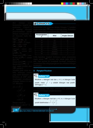 18 Buku Guru Kelas X SMA/MA/SMK/MAK Edisi Revisi
Contoh 1.5
Berdasarkan sifat perkalian dengan bilangan 7, tentukan
angka satuan dari 71234
tanpa menghitung tuntas. Perhatikan
angka satuan dari perpangkatan dari 7 berikut?
Perpangkatan
7
Nilai Angka Satuan
71
7 7
72
49 9
73
343 3
74
2401 1
75
16807 7
76
117649 9
77
823543 3
78
5764801 1
Coba lanjutkan langkah berikutnya untuk menemukan
angka satuan 71234
. Cermati sifat satuan pada tabel di
atas. Saat periode ke berapakah berulang? Selanjutnya
manfaatkan sifat-sifat perpangkatan dan perkalian bilangan
berpangkat.
5.	 Pangkat Pecahan
Misalkan a bilangan real dan a ≠ 0, m bilangan bulat
positif, maka am
1
= p adalah bilangan real positif,
sehingga pm
= a.
Definisi 1.4
	 Selanjutnya kita akan analisis sifat perpangkatan
bilangan real dengan pangkat pecahan.	
Misalkan a bilangan real dan a ≠ 0, m, n bilangan bulat
positif didefinisikan a a
m
n n
m
=






1
.
Definisi 1.5
Jelaskan pada siswa me-
lalui beberapa contoh
yang sudah dipelajari se-
belumnya di SMP untuk
membangun pemahaman
terhadap Definisi-1.4 dan
1.5. Misalnya,
4 2 4 2
4 2
4
1
2
1
2
2
2
1
2
2
= ⇒ =
⇒






=
⇒






×

=
⇒ ( ) =
2
4 2
2
2
Dalam contoh ini,
a = 4, p = 2, dan m = 2.
Beri bantuan siswa
melanjutkan langkah pe-
nyelesaian Contoh-1.5
di samping. Alternatif
penyelesaiannya adalah
Dengan menggunakan si-
fat eksponen, maka kita
peroleh:
71234
= 7(4 × 308)
× 72
.
71234
= (74
)308
× 72
. Ingat:
amxn
= (am
)n
= (an
)m
71234
= (74
)308
× 72
sehingga satuan dari
[71234
] = satuan dari
[(74
)308
× 72
]
Satuan dari [71234
] = satu-
an dari [(1)308
] × satuan
dari [72
].
Satuan dari [71234
] = 1 × 9
Satuan dari [71234
] = 9
Jadi, angka terakhir dari
71234
adalah 9.
 
