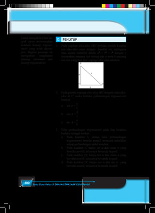 400 Buku Guru Kelas X SMA/MA/SMK/MAK Edisi Revisi
D.	 PENUTUP
1.	 Pada segitiga siku-siku ABC berlaku jumlah kuadrat
sisi siku-siku sama dengan kuadrat sisi miringnya
atau secara simbolik ditulis a2
+ b2
= c2
dengan c
merupakan panjang sisi miring dan a serta b panjang
sisi-sisi yang lain dari segitiga siku-siku tersebut.
2.	 Padagambarsegitigasiku-sikuABCdengansudutsiku-
siku di C, maka berlaku perbandingan trigonometri
berikut.
	 a.	sin A =
a
c
b
c
a
b
	 b.	cos A =
a
c
b
c
a
b
	 c.	tan A =
a
c
b
c
a
b
3.	 Nilai perbandingan trigonometri pada tiap kuadran
berlaku sebagai berikut.
	 a.	 Pada kuadran I, semua nilai perbandingan
trigonometri bernilai positif, termasuk kebalikan
setiap perbandingan sudut tersebut.
	 b.	 Pada kuadran II, hanya sin α dan cosec α yang
bernilai positif, selainnya bertanda negatif.
	 c.	 Pada kuadran III, hanya tan α dan cotan α yang
bernilai positif, selainnya bertanda negatif.
	 d.	 Pada kuadran IV, hanya cos α dan sec α yang
bernilai positif, selainnya bertanda negatif.
Untuk mengakhiri bab ini,
ajak siswa merenungkan
kembali konsep trigono-
metri yang telah dipela-
jari. Bagian penutup ini
merupakan rangkuman
tentang informasi dan
konsep trigonometri
 