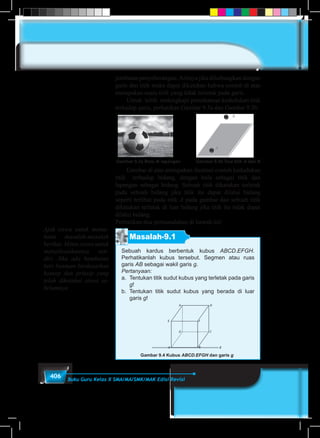 406 Buku Guru Kelas X SMA/MA/SMK/MAK Edisi Revisi
jembatan penyeberangan.Artinya jika dihubungkan dengan
garis dan titik maka dapat dikatakan bahwa contoh di atas
merupakan suatu titik yang tidak terletak pada garis.
	 Untuk lebih melengkapi pemahaman kedudukan titik
terhadap garis, perhatikan Gambar 9.3a dan Gambar 9.3b.
Gambar 9.3a Bola di lapangan Gambar 9.3b Dua titik A dan B
	 Gambar di atas merupakan ilustrasi contoh kedudukan
titik terhadap bidang, dengan bola sebagai titik dan
lapangan sebagai bidang. Sebuah titik dikatakan terletak
pada sebuah bidang jika titik itu dapat dilalui bidang
seperti terlihat pada titik A pada gambar dan sebuah titik
dikatakan terletak di luar bidang jika titik itu tidak dapat
dilalui bidang.
Perhatikan dua permasalahan di bawah ini!
Masalah-9.1
Sebuah kardus berbentuk kubus ABCD.EFGH.
Perhatikanlah kubus tersebut. Segmen atau ruas
garis AB sebagai wakil garis g.
Pertanyaan:
a.	 Tentukan titik sudut kubus yang terletak pada garis
g!
b.	Tentukan titik sudut kubus yang berada di luar
garis g!
Gambar 9.4 Kubus ABCD.EFGH dan garis g
Ajak siswa untuk mema-
hami masalah-masalah
berikut. Minta siswa untuk
menyelesaikannya sen-
diri. Jika ada hambatan
beri bantuan berdasarkan
konsep dan prinsip yang
telah diketahui siswa se-
belumnya.
 