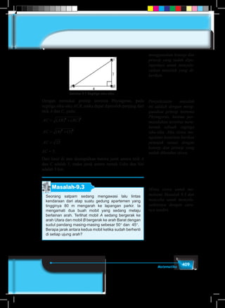409Matematika
Gambar 9.7 Segitiga siku-siku
Dengan memakai prinsip teorema Phytagoras, pada
segitiga siku-siku ACB, maka dapat diperoleh panjang dari
titik A dan C, yaitu:
AC AB BC= +( ) ( )2 2
AC = +( ) ( )4 32 2
AC = 25
AC = 5
Dari hasil di atas disimpulkan bahwa jarak antara titik A
dan C adalah 5, maka jarak antara rumah Udin dan Siti
adalah 5 km.
Masalah-9.3
Seorang satpam sedang mengawasi lalu lintas
kendaraan dari atap suatu gedung apartemen yang
tingginya 80 m mengarah ke lapangan parkir. Ia
mengamati dua buah mobil yang sedang melaju
berlainan arah. Terlihat mobil A sedang bergerak ke
arah Utara dan mobil B bergerak ke arah Barat dengan
sudut pandang masing-masing sebesar 50° dan 45°.
Berapa jarak antara kedua mobil ketika sudah berhenti
di setiap ujung arah?
menggunakan konsep dan
prinsip yang sudah dipe-
lajarinya untuk menyele-
saikan masalah yang di-
berikan.
Penyelesaian masalah
ini adalah dengan meng-
gunakan prinsip teorema
Phytagoras, karena per-
masalahan tersebut mem-
bentuk sebuah segitiga
siku-siku. Jika siswa me-
ngalami kesulitan berikan
petunjuk sesuai dengan
konsep dan prinsip yang
sudah diketahui siswa.
Minta siswa untuk me-
mahami Masalah 9.3 dan
mencoba untuk menyele-
saikannya dengan cara-
nya sendiri.
 