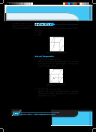 414 Buku Guru Kelas X SMA/MA/SMK/MAK Edisi Revisi
Contoh 9.3
Diketahui kubus ABCD.EFGH. Tentukan projeksi titik A
pada garis
a.	 CD!
b.	 BD!		
Gambar 9.14 Kubus ABCDEFGH
Alternatif Penyelesaian
a.	 Projeksi titik A pada garis CD
	 Jika dari titik A ditarik garis yang tegak lurus terhadap
segmen garis CD maka diperoleh titik D sebagai hasil
projeksinya (AD ^ CD).
Gambar 9.15 Projeksi titik A
pada garis CD
b.	 Proyeksi titik A pada garis BD
	 Jika dari titik A ditarik garis yang tegak lurus terhadap
segmen garis BD maka diperoleh titik T sebagai hasil
proyeksinya (AT ^ BD).
Berikan Contoh 9.3 se-
bagai contoh penerapan
konsep jarak titik ke garis.
 
