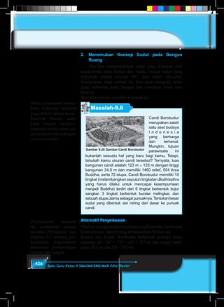 426 Buku Guru Kelas X SMA/MA/SMK/MAK Edisi Revisi
2.	Menemukan Konsep Sudut pada Bangun
Ruang
	 Jika kita memperhatikan sudut yang dibentuk oleh
rusuk-rusuk pada kubus dan balok, semua sudut yang
terbentuk adalah sebesar 90°, atau sudut siku-siku.
Selanjutnya, pada subbab ini, kita akan mengkaji sudut
yang terbentuk pada bangun lain misalnya limas atau
kerucut.
Mari kita cermati masalah di bawah ini.
Masalah-9.6
Candi Borobudur
merupakan salah
satu aset budaya
I n d o n e s i a
yang berharga
dan terkenal.
Mungkin, tujuan
parawisata ini
bukanlah sesuatu hal yang baru bagi kamu. Tetapi,
tahukah kamu ukuran candi tersebut? Ternyata, luas
bangunan candi adalah 123 m × 123 m dengan tinggi
bangunan 34,5 m dan memiliki 1460 relief, 504 Arca
Buddha, serta 72 stupa. Candi Borobudur memiliki 10
tingkat (melambangkan sepuluh tingkatan Bodhisattva
yang harus dilalui untuk mencapai kesempurnaan
menjadi Buddha) terdiri dari 6 tingkat berbentuk bujur
sangkar, 3 tingkat berbentuk bundar melingkar, dan
sebuah stupa utama sebagai puncaknya. Tentukan besar
sudut yang dibentuk sisi miring dari dasar ke puncak
candi.
Gambar 9.26 Gambar Candi Borobudur
Alternatif Penyelesaian
Jika kita mengamati kerangkanya, candi tersebut berbentuk
limas persegi, seperti yang diilustrasikan berikut ini.
Karena alas Candi Borobudur berbentuk persegi, maka
panjang AB = BC = CD = AD = 123 m, dan tinggi candi,
yaitu 34,5 m atau TR = 34,5 m.
Minta siswa untuk mema-
hami beberapa masalah
yang terkait dalam meng-
konstruk konsep sudut
pada bangun ruang.se-
lanjutnya minta siswa un-
tuk menyelesaikan dengan
caranya sendiri.
Penyelesaian masalah
ini melibatkan prinsip
teorema Phytagoras dan
Definisi 8.1 tentang per-
bandingan trigonometri
khususnya perbandingan
cosinus dan tangen.
 