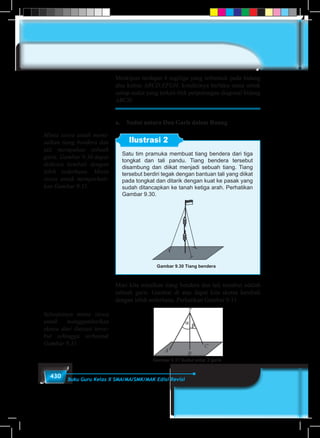 430 Buku Guru Kelas X SMA/MA/SMK/MAK Edisi Revisi
Meskipun terdapat 4 segitiga yang terbentuk pada bidang
alas kubus ABCD.EFGH, kondisinya berlaku sama untuk
setiap sudut yang terkait titik perpotongan diagonal bidang
ABCD.
a.	 Sudut antara Dua Garis dalam Ruang
Ilustrasi 2
Satu tim pramuka membuat tiang bendera dari tiga
tongkat dan tali pandu. Tiang bendera tersebut
disambung dan diikat menjadi sebuah tiang. Tiang
tersebut berdiri tegak dengan bantuan tali yang diikat
pada tongkat dan ditarik dengan kuat ke pasak yang
sudah ditancapkan ke tanah ketiga arah. Perhatikan
Gambar 9.30.
Gambar 9.30 Tiang bendera
Mari kita misalkan tiang bendera dan tali tersebut adalah
sebuah garis. Gambar di atas dapat kita sketsa kembali
dengan lebih sederhana. Perhatikan Gambar 9.31.
Gambar 9.31 Sudut antar 2 garis
Minta siswa untuk memi-
salkan tiang bendera dan
tali merupakan sebuah
garis. Gambar 9.30 dapat
disketsa kembali dengan
lebih sederhana. Minta
siswa untuk memperhati-
kan Gambar 9.31.
Selanjutnya minta siswa
untuk menggambarkan
sketsa dari ilustasi terse-
but sehingga terbentuk
Gambar 9.31.
 