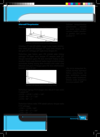 437Matematika
Alternatif Penyelesaian
Mari kita sederhanakan sketsa bidang miring tersebut.
Gambar 9.39 Sketsa sederhana bidang miring 1
Misalkan PT atau QS adalah tinggi badan bapak tersebut.
Kita ambil garis AB sehingga PT tegak lurus dengan AB
dan garis DC sehingga QS tegak lurus dengan DC.
Perhatikan juga bahwa garis PR terletak pada bidang
sehingga PR tegak lurus dengan PT ataupun pada QS.
Dengan demikian garis PR akan mewakili bidang miring
tersebut. Sudut yang dibentuk badan bapak tersebut dengan
permukaan bidang miring akan diwakili oleh sudut yang
dibentuk oleh garis PT dengan garis PR. Kita sederhanakan
kembali sketsa di atas.
Gambar 9.40 Sketsa sederhana bidang miring
90o
– xo
xo
Perhatikan segitiga PUR dengan siku-siku di U atau sudut
U adalah 90°.
∠UPR + ∠PUR + ∠PRU = 180°
∠UPR + 90° + x° = 180°
∠UPR = 90° – x°
Perhatikan bahwa sudut TPR adalah pelurus dengan sudut
UPR sehingga:
∠TPR + ∠UPR = 180°
∠TPR + 90° – x° = 180°
∠TPR = 90° + x°
Sebelum memperhatikan
penyelesaian masalah
ini, minta siswa dengan
caranya sendiri mensket-
sa gambar dari perma-
salahan 9.7
Jika siswa mengalami ke-
sulitan berikan informasi
bahwa penyelesaian ini
juga melibatkan tentang
prinsip sudut berpelurus,
dimana sudut berpelurus
besarnya adalah 1800
.
 
