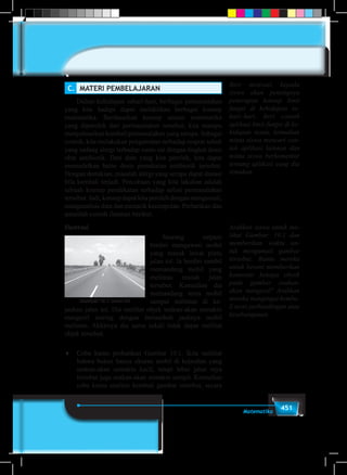 451Matematika
C.	 MATERI PEMBELAJARAN
	 Dalam kehidupan sehari-hari, berbagai permasalahan
yang kita hadapi dapat melahirkan berbagai konsep
matematika. Berdasarkan konsep umum matematika
yang diperoleh dari permasalahan tersebut, kita mampu
menyelesaikan kembali permasalahan yang serupa. Sebagai
contoh, kita melakukan pengamatan terhadap respon tubuh
yang sedang alergi terhadap suatu zat dengan tingkat dosis
obat antibiotik. Dari data yang kita peroleh, kita dapat
memodelkan batas dosis pemakaian antibiotik tersebut.
Dengan demikian, masalah alergi yang serupa dapat diatasi
bila kembali terjadi. Percobaan yang kita lakukan adalah
sebuah konsep pendekatan terhadap solusi permasalahan
tersebut. Jadi, konsep dapat kita peroleh dengan mengamati,
menganalisis data dan menarik kesimpulan. Perhatikan dan
amatilah contoh ilustrasi berikut.
Ilustrasi
Seorang satpam
berdiri mengawasi mobil
yang masuk lewat pintu
jalan tol. Ia berdiri sambil
memandang mobil yang
melintas masuk jalan
tersebut. Kemudian dia
memandang terus mobil
sampai melintas di ke-
jauhan jalan tol. Dia melihat objek seakan-akan semakin
mengecil seiring dengan bertambah jauhnya mobil
melintas. Akhirnya dia sama sekali tidak dapat melihat
objek tersebut.
♦	 Coba kamu perhatikan Gambar 10.1. Kita melihat
bahwa bukan hanya ukuran mobil di kejauhan yang
seakan-akan semakin kecil, tetapi lebar jalan raya
tersebut juga seakan-akan semakin sempit. Kemudian
coba kamu analisis kembali gambar tersebut, secara
Gambar 10.1 Jalan tol
Beri motivasi kepada
siswa akan pentingnya
penerapan konsep limit
fungsi di kehidupan se-
hari–hari. Beri contoh
aplikasi limit fungsi di ke-
hidupan nyata, kemudian
minta siswa mencari con-
toh aplikasi lainnya dan
minta siswa berkomentar
tentang aplikasi yang dia
temukan.
Arahkan siswa untuk me-
lihat Gambar: 10.1 dan
memberikan waktu un-
tuk mengamati gambar
tersebut. Bantu mereka
untuk berani memberikan
komentar kenapa obyek
pada gambar seakan-
akan mengecil? Arahkan
mereka mengingat kemba-
li teori perbandingan atau
kesebangunan.
 