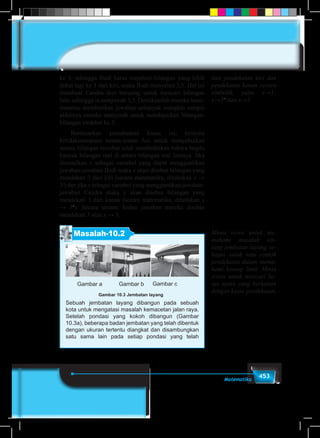 453Matematika
ke 3, sehingga Budi harus memberi bilangan yang lebih
dekat lagi ke 3 dari kiri, maka Budi menyebut 2,5. Hal ini
membuat Candra ikut bersaing untuk mencari bilangan
lain, sehingga ia menjawab 3,5. Demikianlah mereka terus-
menerus memberikan jawaban sebanyak mungkin sampai
akhirnya mereka menyerah untuk mendapatkan bilangan-
bilangan terdekat ke 3.
	 Berdasarkan pemahaman kasus ini, ternyata
ketidakmampuan teman-teman Ani untuk menyebutkan
semua bilangan tersebut telah membuktikan bahwa begitu
banyak bilangan real di antara bilangan real lainnya. Jika
dimisalkan x sebagai variabel yang dapat menggantikan
jawaban-jawaban Budi maka x akan disebut bilangan yang
mendekati 3 dari kiri (secara matematika, dituliskan x →
3-
) dan jika x sebagai variabel yang menggantikan jawaban-
jawaban Candra maka x akan disebut bilangan yang
mendekati 3 dari kanan (secara matematika, dituliskan x
→ 3+
). Secara umum, kedua jawaban mereka disebut
mendekati 3 atau x → 3.
Masalah-10.2
Gambar 10.3 Jembatan layang
Gambar a Gambar b Gambar c
Sebuah jembatan layang dibangun pada sebuah
kota untuk mengatasi masalah kemacetan jalan raya.
Setelah pondasi yang kokoh dibangun (Gambar
10.3a), beberapa badan jembatan yang telah dibentuk
dengan ukuran tertentu diangkat dan disambungkan
satu sama lain pada setiap pondasi yang telah
tian pendekatan kiri dan
pendekatan kanan secara
simbolik, yaitu x→3-
,
x→3+
dan x→3
Minta siswa untuk me-
mahami masalah ten-
tang jembatan layang se-
bagai salah satu contoh
pendekatan dalam mema-
hami konsep limit. Minta
siswa untuk mencari ka-
sus nyata yang berkaitan
dengan kasus pendekatan.
 