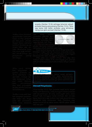 454 Buku Guru Kelas X SMA/MA/SMK/MAK Edisi Revisi
tersedia (Gambar 10.3b) sehingga terbentuk sebuah
jembatan layang yang panjang (Gambar 10.3c). Tentu
saja kedua blok badan jembatan yang terhubung
mempunyai garis pemisah (Gambar 10.3b).
Jika setiap pondasi
merupakan titik-titik pada
himpunan X dan badan
jembatan merupakan kurva
yang dipenuhi oleh fungsi y
= f(x) maka hubungan antara
pondasi dan badan jembatan
merupakan sebuah pemetaan atau fungsi.
	 Ingat kembali pengertian sebuah fungsi pada bab V.
Misalkan X dan Y ada-lah himpunan yang tidak kosong,
x ∈ X, y ∈ Y, sebuah fungsi f memetakan setiap anggota
himpunan X ke tepat satu anggota himpunan Y.
	 Pilih salah satu pondasi sebagai titik yang akan
didekati. Lihat Gambar 10.3b. Kita anggap garis pemisah
pada persambungan kedua badan jembatan sebagai ilustrasi
x ≠ c.
Diskusi
Menurut kamu, apakah kedua badan jembatan
tersebut mempunyai limit pada persambungan
tersebut? Berikanlah komentar kamu! Diskusikanlah
komentar kamu tersebut dengan teman kelompok dan
gurumu!
Alternatif Penyelesaian.
Lihat Gambar 10.3d. Agar jembatan dapat dilalui dengan
mulus oleh kendaraan, maka ketinggian badan jembatan
pada persambungan di tiang penyanggah harus sama,
bukan? Jadi, ketinggian badan jembatan dari kiri dan
kanan harus sama agar terdapat limit pada persambungan,
sebaliknya tidak mempunyai limit. Demikian juga
pengertiannya bila di sketsa secara analitik dalam bentuk
titik atau garis.
Gambar 10.4 Pemetaan
x y = f(x)
f
X Y
Arahkan siswa berdiskusi,
apakah kedua badan jem-
batan tersebut mempun-
yai limit pada persam-
bungan badan jembatan
tersebut? Berikan ide-ide
secara bebas dan ter-
buka. Manfaatkan jawa-
ban siswa untuk melahir-
kan sebuah konsep dan
pendefinisian tentang
limit fungsi.
Arahkan siswa untuk kem-
bali mengingat pendefini-
sian relasi dan fungsi
pada bab sebelumnya.
Minta siswa mensketsa
Minta siswa melaku-
kan pengamatan ke
gambar jembatan dan
sketsa sederhana yang
diperoleh. Arahkan me-
reka mengamati keting-
gian badan jembatan
pada persambungan
atau tiang penyanggah.
Berikan mereka waktu un-
tuk berkomentar.
 