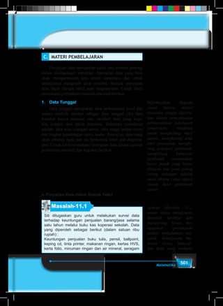 501Matematika
C.	 MATERI PEMBELAJARAN
	 Penyajian data merupakan salah satu elemen penting
dalam mempelajari statistika. Penyajian data yang baik
akan mempermudah kita untuk membaca dan untuk
selanjutnya mengolah data tersebut. Bentuk penyajian
data dapat berupa tabel atau diagram/plot. Untuk lebih
memahami perhatikan masalah-masalah berikut.
1.	 Data Tunggal
	 Data tunggal merupakan data berkuantitas kecil dan
suaatu statistik disebut sebagai data tunggal jika data
tersebut hanya memuat satu variabel data yang ingin
kita ketahui dari objek populasi. Beberapa contohnya
adalah: data nilai ulangan siswa, data tinggi badan siswa
dan tingkat keuntungan suatu usaha. Penyajian data yang
akan dibahas pada bab ini berbentuk tabel dan diagram/
plot. Untuk lebih memahami penyajian data dalam statistik
perhatikan masalah dan kegiatan berikut.
a. Penyajian Data dalam Bentuk Tabel
Masalah-11.1
Siti ditugaskan guru untuk melakukan survei data
terhadap keuntungan penjualan barang/jasa selama
satu tahun melalui buku kas koperasi sekolah. Data
yang diperoleh sebagai berikut (dalam satuan ribu
rupiah) :
Keuntungan penjualan buku tulis, pensil, ballpoint,
keping cd, tinta printer, makanan ringan, kertas HVS,
kerta folio, minuman ringan dan air mineral, seragam
Informasikan kepada
siswa bahwa materi
statistika sangat diperlu-
kan dalam penyelesaian
permasalahan kehidupan
sehari-hari, misalnya
untuk menghitung hasil
panen, menghitung laba
dari penjualan, menghi-
tung populasi penduduk,
menghitung kekayaan
penduduk, menentukan
besar pajak yang harus
dibayar, dan yang paling
sering didengar adalah
untuk hitung cepat (quick
count) hasil pemilihan
umum.
Ajukan Masalah 11.1,
minta siswa mengamati
masalah tersebut dan
mendorong siswa me-
ngajukan pertanyaan
sekitar pemahaman ma-
salah. Selanjutnya me-
minta siswa menyaji-
kan data yang terdapat
 