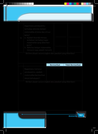 567Matematika
IV
Bagaimana pendapatmu
terhadap aktivitas belajar
matematika di kelas dan di luar
kelas?
a.	 Apakah Ananda merasa
terbebani terhadap tugas
matematika yang diberikan
guru?
b.	Aktivitas belajar matematika
menurut saya adalah menarik
.....................
.....................
......................
......................
Berikan alasan secara singkat atas jawaban yang diberikan!
Bermanfaat Tidak Bermanfaat
V
Bagaimana menurut
pendapatmu, apakah
matematika bermanfaat
dalam kehidupan?
Berikan alasan secara singkat atas jawaban yang diberikan!
 