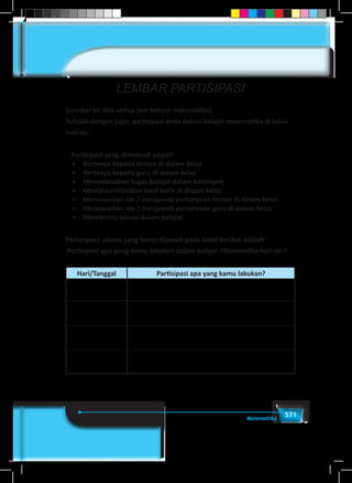 571Matematika
LEMBAR PARTISIPASI
(Lembar ini diisi setiap jam belajar matematika)
Tulislah dengan jujur, partisipasi anda dalam belajar matematika di kelas
hari ini.
Partisipasi yang dimaksud adalah:
•	 Bertanya kepada teman di dalam kelas
•	 Bertanya kepada guru di dalam kelas
•	 Menyelesaikan tugas belajar dalam kelompok
•	 Mempresentasikan hasil kerja di depan kelas
•	 Menawarkan ide / menjawab pertanyaan teman di dalam kelas
•	 Menawarkan ide / menjawab pertanyaan guru di dalam kelas
•	 Membantu teman dalam belajar
Pertanyaan utama yang harus dijawab pada tabel berikut adalah:
Partisipasi apa yang kamu lakukan dalam belajar Matematika hari ini ?
Hari/Tanggal Partisipasi apa yang kamu lakukan?
 