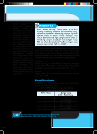 38 Buku Guru Kelas X SMA/MA/SMK/MAK Edisi Revisi
Masalah-1.5
Yusuf adalah seorang pelajar kelas X di kota
Kupang. Ia senang berhemat dan menabung uang.
Selama ini dia berhasil menabung uangnya sejumlah
Rp1.000.000,00 di dalam sebuah celengan yang
terbuat dari tanah liat. Agar uangnya lebih aman, ia
menabung uangnya di sebuah bank dengan bunga
10% per tahun. Berapa lama Yusuf menyimpan uang
tersebut agar menjadi Rp1.464.100,00.
	 Pahami masalah dan tuliskan informasi yang diketahui
pada soal. Buat tabel keterkaitan antara jumlah uang
Yusuf dengan waktu penyimpanan. Selanjutnya temukan
model matematika yang menyatakan hubungan total uang
simpanan dengan waktu menyimpan dan bunga uang.
Diketahui:
Modal awal (M0
) = 1.000.000 dan besar uang tabungan
setelah sekian tahun (Mt
) = 1.464.100, besar bunga yang
disediakan bank untuk satu tahun adalah 10% = 0,1.
Ditanya:
Berapa tahun (t) Yusuf menabung agar uangnya menjadi
(Mt
) = 1.464.100.-
Alternatif Penyelesaian
Perhatikan pola pertambahan jumlah uang Yusuf setiap
akhir tahun pada tabel berikut.
Tabel 1.2 Perhitungan besar suku bunga
pada setiap akhir tahun t
Akhir Tahun Bunga uang
(10% × Total Uang)
0 0
1 Rp100.000,00
2 Rp110.000,00
3 Rp121.000,00
4 Rp133.100,00
Ajukan Masalah 1.5,
minta siswa mengamati
masalah tersebut dan
mendorong siswa menga-
jukan pertanyaan sekitar
pemahaman masalah dan
analisisnya. Pahami ma-
salah dan tuliskan infor-
masi yang diketahui pada
soal. Selanjutnya memin-
ta siswa membuat tabel
keterkaitan antara jumlah
uang Yusuf dengan waktu
penyimpanan. Arahkan
siswa menemukan model
matematika yang me-
nyatakan hubungan total
uang simpanan dengan
waktu menyimpan dan
bunga uang. Diharapkan
siswa menuliskan sesuai
dengan penyelesaian yang
ada di buku
 
