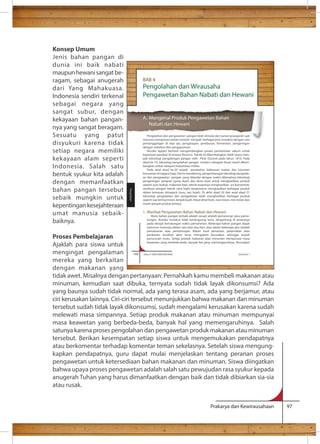 BAB 4 
Pengolahan dan Wirausaha 
Pengawetan Bahan Nabati dan Hewani 
A. Mengenal Produk Pengawetan Bahan 
Nabati dan Hewani 
Pengolahan dan pengawetan pangan telah dimulai dari zaman prasejarah saat 
manusia memproses bahan mentah menjadi berbagai jenis masakan dengan cara 
pemanggangan di atas api, pengasapan, perebusan, fermentasi, pengeringan 
dengan matahari dan penggaraman. 
Nicolas Appert berhasil mengembangkan proses pembotolan vakum untuk 
keperluan pasukan di tentara Perancis. Teknik ini dikembangkan lebih lanjut men-jadi 
teknologi pengalengan pangan oleh Peter Durand pada tahun 1810. Pada 
abad ke-19, teknologi pengolahan pangan modern sebagian besar masih dikem-bangkan 
untuk melayani kebutuhan militer. 
Pada awal abad ke-20 terjadi perubahan kebiasaan makan dan tutuntan 
konsumen di negara maju. Hal ini mendorong pengembangan teknologi pengolah-an 
dan pengawetan pangan yang ditandai dengan makin dikenalnya teknologi 
pengeringan semprot (spray dryer) dan drum dryer untuk menghasilkan produk 
seperti susu bubuk, makanan bayi, teknik evaporasi menghasilkan jus konsentrat, 
sterilisasi dengan teknik ultra hight temperature menghasilkan berbagai produk 
dalam kemasan tetrapack (susu, sari buah). Di akhir abad 20 dan awal abad 21 
teknologi pengolahan dan pengawetan telah menghasilkan berbagai produk 
seperti sup kering instan, keripik buah, freeze dried fruits, nasi instan, mie instan dan 
masih banyak produk lainnya. 
1. Manfaat Pengawetan Bahan Nabati dan Hewani 
Mutu bahan pangan terbaik adalah sesaat setelah pemanenan atau pemo-tongan. 
Kondisi tersebut tidak berlangsung lama, bergantung di antaranya 
pada derajat kematangan waktu pemanenan. Beberapa bahan pangan dapat 
menurun mutunya dalam satu atau dua hari, atau dalam beberapa jam setelah 
pemanenan atau pemotongan. Bahan hasil pertanian, peternakan atau 
perikanan tersebut akan terus mengalami kerusakan sehingga terjadi 
penurunan mutu. Setiap produk makanan atau minuman mempunyai masa 
keawetan yang berbeda-beda, banyak hal yang memengaruhinya. Kerusakan 
148 Kelas X SMA/SMK/MA/MAK Semester 1 
Prakarya dan Kewirausahaan 97 
Konsep Umum 
Jenis bahan pangan di 
dunia ini baik nabati 
maupun hewani sangat be-ragam, 
sebagai anugerah 
dari Yang Mahakuasa. 
Indonesia sendiri terkenal 
sebagai negara yang 
sangat subur, dengan 
kekayaan bahan pangan-nya 
yang sangat beragam. 
Sesuatu yang patut 
disyukuri karena tidak 
setiap negara memiliki 
kekayaan alam seperti 
Indonesia. Salah satu 
bentuk syukur kita adalah 
dengan memanfaatkan 
bahan pangan tersebut 
sebaik mungkin untuk 
kepentingan kesejahteraan 
umat manusia sebaik-baiknya. 
Pengolahan 
Proses Pembelajaran 
Ajaklah para siswa untuk 
mengingat pengalaman 
mereka yang berkaitan 
dengan makanan yang 
tidak awet. Misalnya dengan pertanyaan: Pernahkah kamu membeli makanan atau 
minuman, kemudian saat dibuka, ternyata sudah tidak layak dikonsumsi? Ada 
yang baunya sudah tidak normal, ada yang terasa asam, ada yang berjamur, atau 
ciri kerusakan lainnya. Ciri-ciri tersebut menunjukkan bahwa makanan dan minuman 
tersebut sudah tidak layak dikonsumsi, sudah mengalami kerusakan karena sudah 
melewati masa simpannya. Setiap produk makanan atau minuman mempunyai 
masa keawetan yang berbeda-beda, banyak hal yang memengaruhinya. Salah 
satunya karena proses pengolahan dan pengawetan produk makanan atau minuman 
tersebut. Berikan kesempatan setiap siswa untuk mengemukakan pendapatnya 
atau berkomentar terhadap komentar teman sekelasnya. Setelah siswa mengung-kapkan 
pendapatnya, guru dapat mulai menjelaskan tentang peranan proses 
pengawetan untuk ketersediaan bahan makanan dan minuman. Siswa diingatkan 
bahwa upaya proses pengawetan adalah salah satu pewujudan rasa syukur kepada 
anugerah Tuhan yang harus dimanfaatkan dengan baik dan tidak dibiarkan sia-sia 
atau rusak. 
 