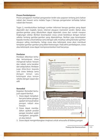 Proses Pembelajaran 
Proses pengajaran manfaat pengawetan terdiri atas paparan tentang jenis bahan 
nabati dan hewani serta melalui Tugas 2 berupa pengamatan terhadap bahan 
nabati dan hewani. 
Tugas 2, membutuhkan berbagai sumber informasi berupa gambar yang dapat 
diperoleh dari majalah, koran, internet ataupun memotret sendiri. Bahan atau 
gambar-gambar yang dibutuhkan dapat diperoleh siswa dari rumah maupun 
lingkungan sekitar. Berikan kesempatan siswa untuk berdiskusi dengan teman 
sekelas tentang gambar-gambar yang diperolehnya. Berikan juga kesempatan 
kepada mereka untuk bekerja sama dengan adil, misalnya saling bertukar gambar 
ataupun saling membantu. Setiap siswa atau kelompok siswa akan membuat 
tempelan gambar-gambar yang diberi keterangan. Pada akhir pembelajaran, siswa 
atau kelompok siswa dapat mempresentasikan hasil karyanya. 
C. Proses dan Alat Pengawetan Bahan 
Nabati dan Hewani 
Secara umum, bahan hasil pertanian, peternakan, dan perikanan setelah 
dipanen akan mudah mengalami kerusakan sehingga terjadi penurunan mutu. 
Untuk menjaga kualitas bahan pangan dan produknya, maka bahan pangan terse-but 
perlu dilakukan pengolahan dan pengawetan. Ada beberapa metode peng-awetan 
pangan yaitu dengan cara menonaktifkan, menghambat dan mencegah 
Setiap metode pengawetan pangan hanya akan berhasil jika mekanisme peng-awetannya 
tepat dan sesuai. Bahan pangan hasil pertanian masing-masing 
mempunyai sifat-sifat yang berbeda-beda yang penting untuk diketahui untuk 
digunakan sebagai dasar saat proses penanganan dan pengolahan. 
Prakarya dan Kewirausahaan 159 
Prakarya dan Kewirausahaan 115 
Penilaian 
Penilaian diberikan terha-dap 
kemampuan siswa 
mengenali bahan hewani 
dan nabati, serta karakter 
dari setiap bahan. Penilaian 
juga diberikan kepada 
cara siswa bekerja sama 
dengan teman satu 
kelompok atau teman 
sekelas dengan sopan dan 
adil. 
Remedial 
Kegiatan Remedial bertu-juan 
seperti berikut. 
1. Siswa dapat menyebut-kan 
jenis bahan pangan, 
apakah termasuk bahan 
pangan nabati atau 
hewani. 
2. Siswa dapat membe-dakan 
apakah produk 
pangan tersebut sudah 
mengalami pengolah-an 
atau belum 
faktor-faktor penyebab kerusakan pangan. 
3. Siswa dapat mengembangkan imajinasi untuk wirausaha di bidang pangan 
Pengolahan 
Tugas 2 
Jenis Bahan Pangan Nabati dan Hewani 
Tujuan: 
1. Siswa dapat membedakan jenis bahan pangan, apakah termasuk bahan 
pangan nabati atau hewani. 
2. Siswa dapat menjelaskan perbedaan karakteristik antara bahan pangan 
nabati dan bahan pangan hewani. 
3. Siswa dapat membedakan antara bahan pangan yang masih segar (baik) 
dengan yang sudah busuk (tidak baik). 
Bahan 
Majalah, koran, internet (website, social media, lainnya), tabloid, dan media 
informasi lainnya 
Alat 
- Gunting 
- Kertas 
Cara Kerja 
1. Siswa mengumpulkan potongan gambar bahan pangan (baik nabati 
maupun hewani), baik dari majalah, koran, internet (website, social media, 
lainnya), tabloid, dan media informasi lainnya. 
2. Kelompokkan gambar tersebut, apakah termasuk bahan pangan hewani 
atau nabati. 
3. Tempelkan pada kertas putih polos, buat menjadi kliping. 
 