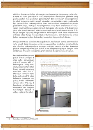 Aktivitas dan pertumbuhan mikroorganisme juga sangat bergantung pada suhu. 
Karena itu, suhu penanganan dan penyimpanan mempunyai peranan yang 
penting dalam mengendalikan pertumbuhan dan penyebaran mikroorganisme 
tersebut. Umumnya, makin rendah suhu akan menyebabkan makin rendah pula 
laju pertumbuhan mikroorganisme, atau bahkan dapat menghentikan proses 
pertumbuhannya. Berbagai mikroorganisme yang dapat menyebabkan keru-sakan, 
misalnya Rhizopus, akan menjadi statis pada suhu sekitar 5 C. Organisme 
yang lain, umumnya masih tetap tumbuh pada suhu penyimpanan sekitar 0 C, 
tetapi dengan laju yang sangat lambat. Pendinginan tidak dapat membunuh 
mikroba tetapi hanya menghambat pertumbuhannya. Oleh karena itu, setiap 
bahan pangan yang akan didinginkan harus dibersihkan terlebih dahulu. 
Dengan membaca uraian di atas dapat ditarik kesimpulan bahwa penyimpanan 
suhu rendah dapat digunakan untuk mengurangi laju perubahan kimia/biokimia 
dan aktivitas mikroorganisme sehingga mampu mempertahankan keawetan 
produk pangan segar maupun olahan. Cara pengawetan pangan dengan suhu 
rendah ada 2 macam, yaitu pendinginan (cooling) dan pembekuan (freezing). 
Pendinginan adalah penyim-panan 
bahan pangan di 
atas suhu pembekuan 
yaitu -2 sampai +10 C. 
Pendinginan yang biasa 
dilakukan sehari-hari dalam 
lemari es pada umumnya 
mencapai suhu 5-8 C. 
Meskipun air murni mem-beku 
pada suhu 0 C, tetapi 
beberapa makanan ada 
yang tidak membeku 
sampai suhu -2 C atau di 
bawahnya. Hal ini terutama 
disebabkan oleh pengaruh 
kandungan zat-zat di 
dalam makanan tersebut. 
160 Kelas X SMA/SMK/MA/MAK Semester 1 
118 Buku Guru Kelas X SMA/MA/SMK/MAK 
Dengan mengetahui sifat setiap bahan pangan, diharapkan proses penanganan 
dan pengolahan akan tepat dan sesuai. Beberapa metode untuk pengawetan 
bahan pangan adalah sebagai berikut. 
1. Pengawetan dengan Suhu Rendah 
Salah satu proses usaha untuk mengawetkan adalah dengan menyimpan 
bahan makanan di dalam lemari pendingin yaitu kulkas atau freezer (pembeku). 
Lemari pendingin memiliki suhu yang rendah. Umumnya yang dimaksud 
dengan suhu rendah ini berkisar antara -2 C sampai 8 C. 
Cara pengawetan pangan dengan suhu rendah ada 2 macam yaitu pendi-nginan 
(cooling) dan pembekuan (freezing). Pendinginan yang biasa dilakukan 
sehari-hari dalam lemari es pada umumnya mencapai suhu 5 sampai 8 C atau 
-2 sampai 8 C. Pembekuan adalah penyimpanan bahan pangan dalam keadaan 
beku. Pembekuan yang baik biasanya dilakukan pada suhu -12 sampai -24 C. 
Pembekuan cepat (quick freezing) dilakukan pada suhu -24 sampai -40 C. 
Pengolahan 
Gambar 4.3 Lemari pendingin 
 