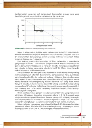 Jumlah bakteri yang mati oleh panas dapat digambarkan sebagai kurva yang 
bersifat logaritmik, seperti terlihat pada Gambar 3.6. berikut ini. 
0 1 2 3 4 
100000 
10000 
1000 
100 
Harga D adalah waktu di dalam menit pada suhu tertentu (T F) yang dibutuh-kan 
untuk membunuh 90 persen dari jumlah populasi mikroba yang ada. Jadi, nilai 
DT menunjukkan berkurangnya jumlah populasi mikroba yang masih hidup 
sebanyak 1 satuan log (1 log cycle). 
Pada waktu t jumlah mikroba misalnya 10. Maka pada waktu t, sisa mikroba 
yang tinggal adalah 10. Jadi, mikroba yang mati adalah 90 atau sama dengan 90 
persen dari jumlah mikroba pada t. Harga DT mikroba menunjukkan daya tahan 
dari mikroba terhadap panas pada suhu tertentu (T F). Makin tinggi harga D, 
mikrokba tersebut makin tahan panas. 
Sebagai contoh misalnya jika suatu makanan di dalam kaleng mengandung 
mikroba sebanyak 1 juta (10) dan menerima panas selama 5 harga D, mikroba 
yang tinggal adalah 10. Jika mula-mula terdapat 100 kaleng dalam keadaan yang 
sama seperti di atas di dalam suatu retor, dipanaskan selama 7 harga D, dari semua 
kaleng tersebut yang mengandung mikroba sejumlah 10, yang masih hidup 
hanya 10 mikroba. Seluruh mikroba dalam 100 kaleng, berarti bahwa tiap kaleng 
mengandung 10 mikroba. Hal ini berarti kemungkinan adanya mikroba adalah 1 
dari 10 kaleng atau 10 dari setiap 100 kaleng yang dapat menjadi busuk, sedang-kan 
sisanya 90 kaleng steril. 
Untuk sterilisasi bahan pangan yang berasam rendah yaitu yang mempunyai 
pH di atas 4,5 biasanya digunakan pemanasan selama 12 D (12 D concept) yang 
ditujukan terhadap spora Cl. botulinum. Dengan konsep 12 D ini, berarti kemungk-inan 
terjadinya kebusukan karena Cl. botulinum diperkecil sampai 1/10. Ini berarti 
setiap 10 kaleng hanya 1 yang kemungkinan akan busuk oleh Cl. Botulinum. 
Bahan makanan yang sangat asam atau pH di bawah 4,5, biasanya digunakan 
pemanasan selama 5 D (suhu 250 F) atau kadang-kadang cukup dengan pema-nasan 
pada suhu 212 F (100 C) atau kurang selama beberapa menit. 
Prakarya dan Kewirausahaan 121 
10 
D = 1 menit 
Jumlah spora hidup 
Lama pemanasan (menit) 
Gambar 3.6 Pola kematian mikroba terhadap lama pemanasan 
 